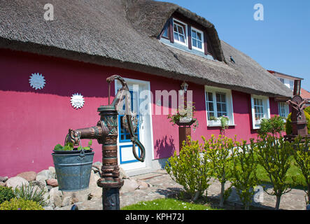 Pozzo di acqua nella parte anteriore di un tetto di paglia, Casa Gross Zicker, Ruegen isola, Meclemburgo-Pomerania, Mar Baltico, Germania, Europa Foto Stock