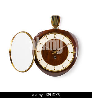 Retrò vecchio orologio da parete con apertura coperchio in vetro isolato su sfondo bianco. Elemento di design. Un singolo oggetto con il tracciato di ritaglio Foto Stock