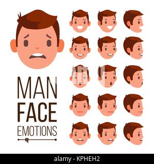 Uomo vettore di emozioni. Diversi viso maschile Avatar espressioni Set. Set emozionale per l'animazione. Piatto isolato Cartoon illustrazione Illustrazione Vettoriale