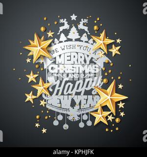 Vettore di Natale e Anno Nuovo illustrazione con la tipografia e carta ritagliata stelle su sfondo nero. Holiday design per biglietto di auguri, poster, striscioni. Illustrazione Vettoriale