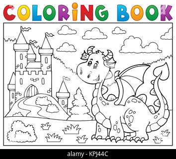 Libro da colorare dragon vicino a Castle Theme 1 Foto Stock