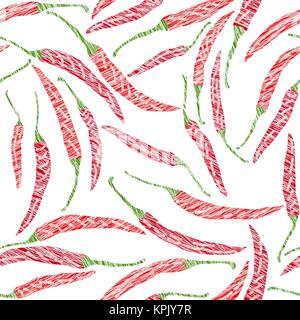 Red Hot Chili Peppers. Graffiato texture. Modello senza giunture. Verdure estive. Ingredienti stagionali per ricette estive. Vegane. Sfondo vegetariano. Illustrazione Vettoriale