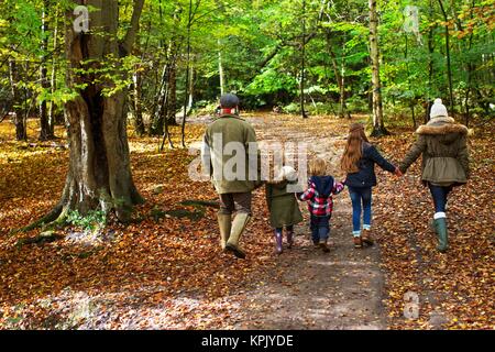 Famiglia passeggiate nei boschi in autunno. Foto Stock