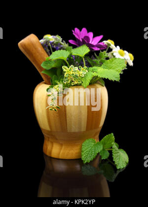 Mortaio e pestello con erbe fresche su sfondo nero Foto Stock
