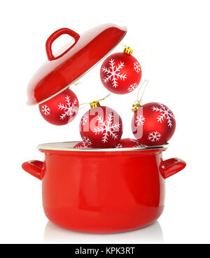 Red pentola di cottura con decorazioni di Natale Foto Stock