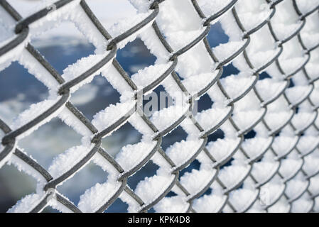 Una catena collegamento recinto coperto di neve e di gelo; Minnesota, Stati Uniti d'America Foto Stock