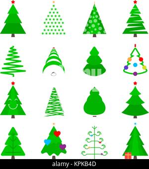 Il verde albero di Natale il set di icone. Vettore stilizzati abeti di forme differenti isolati su bianco Illustrazione Vettoriale