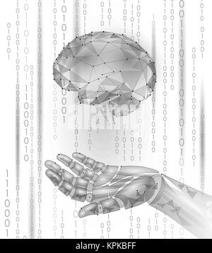 Il Robot Android tenere in mano il cervello umano. Bassa poli particelle poligonali punto geometrico linea render. Educazione mentale idea creativa in futuro mente il concetto di tecnologia bianco codice binario illustrazione vettoriale Illustrazione Vettoriale