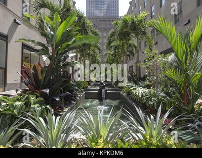 NEW YORK CITY - Luglio 12: Passerella con palme vicino al Rockfeller Center sulla luglio 12, 2012 a New York. Il Rockefeller Center è un complesso di 19 commercia Foto Stock
