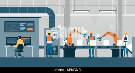 Efficiente fabbrica smart con i lavoratori, robot e la linea di assemblaggio, industria 4.0 e il concetto di tecnologia Illustrazione Vettoriale