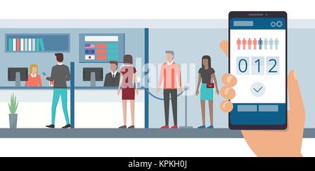 Facile e veloce applicazione in coda su uno smartphone e persone in attesa in linea presso la banca front office Illustrazione Vettoriale
