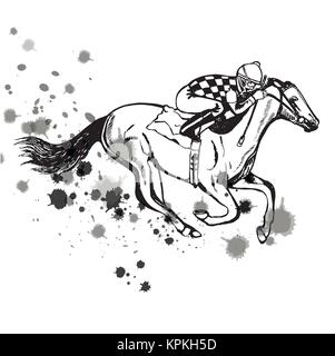 Disegnato a mano stile sketch jockey su un cavallo. Illustrazione di vettore isolato su sfondo bianco. Illustrazione Vettoriale