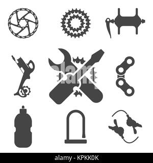 Parti della bici, accessori, la riparazione e la manutenzione Silhouette Icon Set. Disco freno, cassetta, mozzo, il deragliatore posteriore, catena, bottiglia, serratura e Shifter Foto Stock