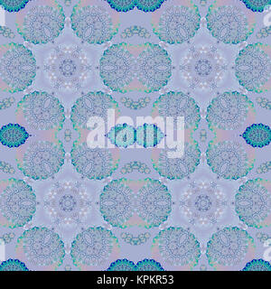 Geometrica astratta sfondo senza giunture. Cerchio floreale ed ellissi pattern, sognanti ornamenti in lilla, rosa e blu turchese. Foto Stock