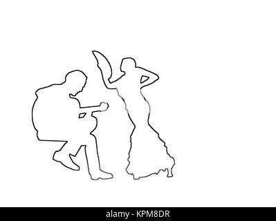 Silhouettes femminili di ballerina di flamenco e chitarra player su rosy rosa sfondo astratto illustrazione. Foto Stock