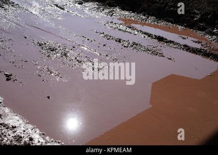 puddle con fango su un sentiero dopo la pioggia Foto Stock