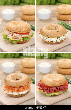 Collage di bagel panini dolci per la prima colazione con prosciutto,salmone e crema di formaggio Foto Stock