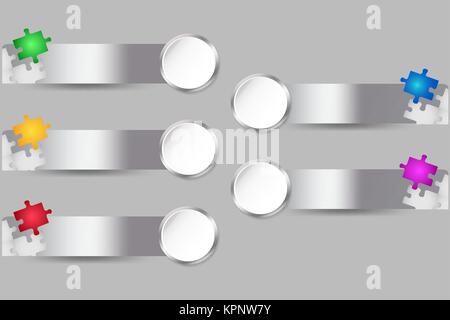 Cinque cerchi bianchi con argento metallico con bordi d'argento metallizzato rettangoli e puzzle a colori pronto per il testo Illustrazione Vettoriale