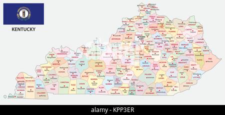 Kentucky politica e amministrativa di mappa vettoriale con bandiera Illustrazione Vettoriale