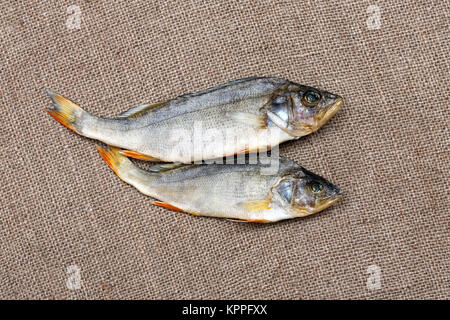Due pesci secchi sulla tela di close-up. Foto Stock