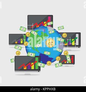 Bitcoin il concetto di crescita e di pagamento commerciali sul simbolo di computer Bitcoin entrate illustrazione di pile di monete d'oro come reddito grafico con bitcoinVector ill Illustrazione Vettoriale