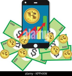 Bitcoin il concetto di crescita e di pagamento commerciali sul simbolo dello smartphone Bitcoin entrate illustrazione di pile di monete d'oro come reddito grafico con bitcoinVector ho Illustrazione Vettoriale