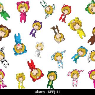 Seamless Pattern vettore Cartoon disegnati a mano scarabocchi Girl character design animale mascotte Illustrazione Vettoriale