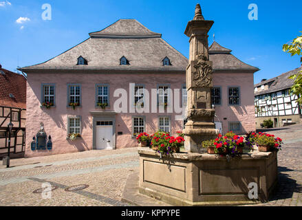 Germania, regione di Sauerland, Arnsberg, il vecchio municipio e la Maximilian fontana al vecchio mercato nella parte vecchia della citta'. Deutschland, Sauerland Foto Stock
