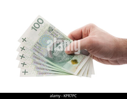 Il polacco soldi in mano con tracciato di ritaglio Foto Stock
