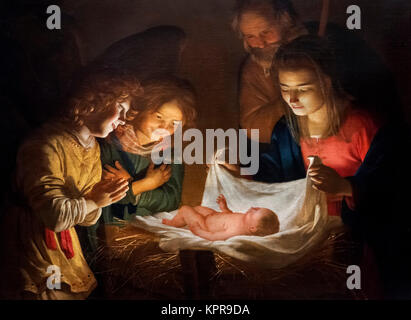 L adorazione del Bambino di Gerrit van Honthorst (Gherardo delle Notti, c. 1592-1656), olio su tela, 1619-20. Il dipinto mostra una scena della natività con il Bambino Gesù, la Vergine Maria, Giuseppe e due angeli. Foto Stock