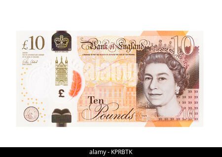 Inglese dieci pound nota su sfondo bianco Foto Stock