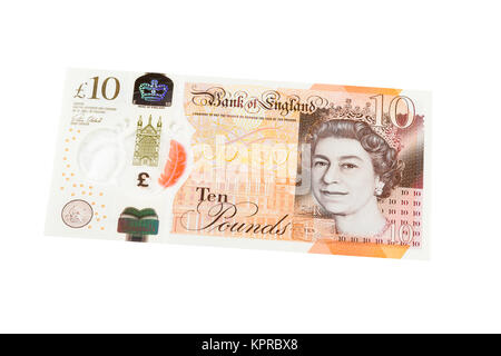 Inglese dieci pound nota su sfondo bianco Foto Stock