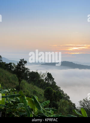 Sunrise con il mare di nebbia al di sopra del fiume Mekong in Nong Khai Provincia, Thailandia Foto Stock