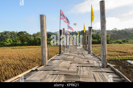 Il vecchio ponte di bambù pass campo di riso al tempio Foto Stock