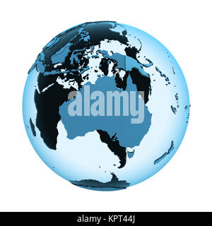 Australia sul modello traslucido del pianeta Terra con visibile continenti blu paesi ombreggiata. 3D illustrazione isolati su sfondo bianco. Foto Stock