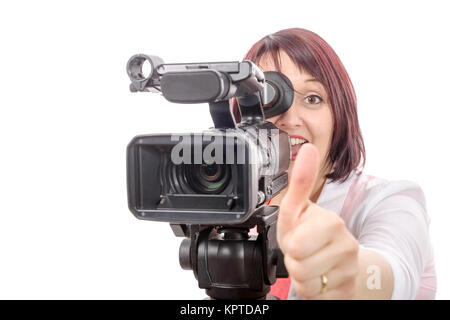 Un grazioso camerawoman con una fotocamera professionale, su bianco Foto Stock