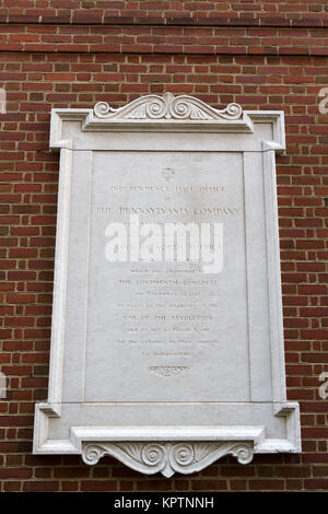 Independence Hall Ufficio della Pennsylvania Azienda placca in Philadelphia, Pennsylvania, Stati Uniti. Foto Stock