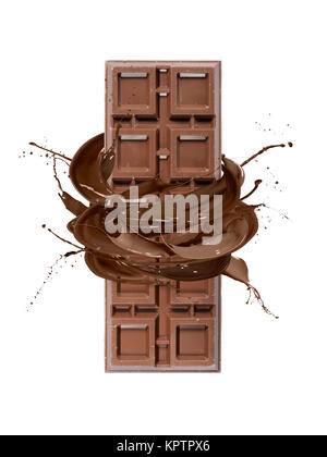 Gli schizzi di liquidi intorno al cioccolato pila di blocchi di cioccolato, isolato su bianco Foto Stock