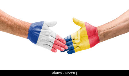 Fußballmannschaften - Handshake zwischen Frankreich und Rumänien Foto Stock