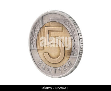 Cinque Zloty polacco moneta isolato su bianco con tracciato di ritaglio Foto Stock