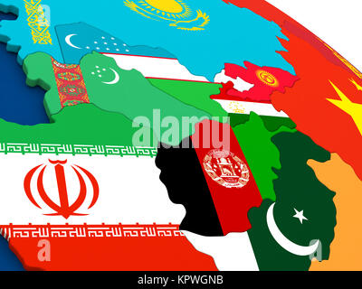 Asia centrale sul globo terrestre con bandiere Foto Stock