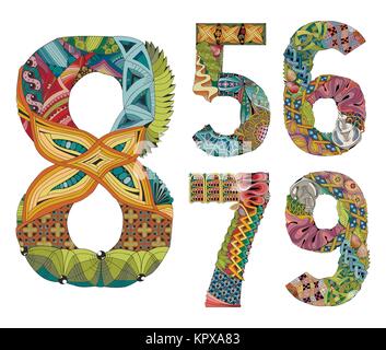 Impostare i numeri di cinque, sei, sette, otto, nove Zentangle. Vettore di oggetti decorativi Illustrazione Vettoriale