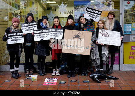 I sostenitori di PETA dimostrare in segno di protesta oggi presso il supporto Thomas Cook Travel società dà al Seaworld dove le balene e i delfini sono tenuti in cattività, visto al di fuori di una succursale a Southsea England Regno Unito. Credito: Martyn Evans/Alamy Live News Foto Stock