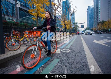 Chengdu Chengdu, in Cina. Xviii Dicembre, 2017. Chengdu, Cina-17th Dicembre 2017:(solo uso editoriale. Cina OUT).Il "Rainbow bicicletta Lane' può essere visto sulla strada di Chengdu, a sud-ovest della Cina di provincia di Sichuan. Credito: SIPA Asia/ZUMA filo/Alamy Live News Foto Stock