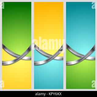 Luminose abstract tech banner verticale con onde di metallo Foto Stock