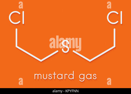 Mostarda di zolfo o bis(2-cloroetil) molecola di solfuro. Anche noto come iprite e utilizzato in armi chimiche. Formula di scheletro. Foto Stock