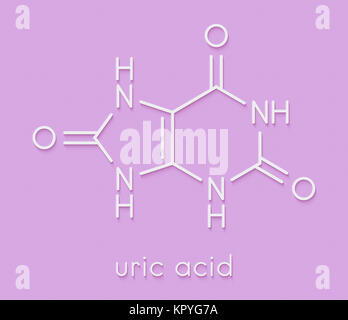 Acido urico molecola. Livelli elevati nel sangue portano alla malattia di gotta. Formula di scheletro. Foto Stock