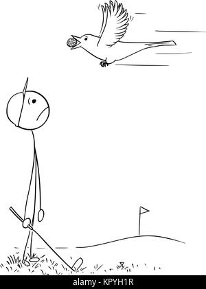 Cartoon stick uomo disegno illustrazione di un uomo maschio giocatore di golf cercando triste a bird rubare portando la sua palla. Illustrazione Vettoriale