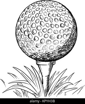 Vettore di disegno a mano disegnato illustrazione della pallina da golf sul raccordo a t e l'erba. Illustrazione Vettoriale