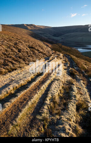 Frosty sentiero nelle colline sopra Hayfield nel Peak District. Bright sole mattutino. Foto Stock